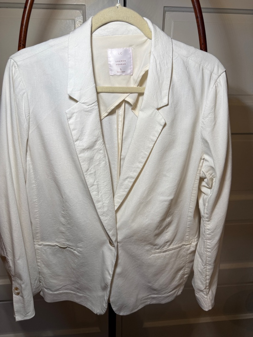 Minimal Ivory Linen Blend Blazer Lightweight beachy Jacket L LC Lauren Conrad